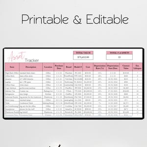 May include: A printable asset tracker spreadsheet with columns for item, description, location, purchase date, brand, model number, cost, depreciation rate, depreciation start date, current value, and estimated lifespan. The spreadsheet is filled with examples of office equipment and supplies.