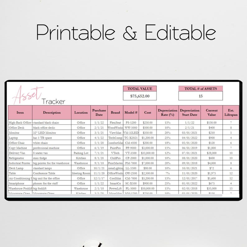 May include: A printable asset tracker spreadsheet with columns for item, description, location, purchase date, brand, model number, cost, depreciation rate, depreciation start date, current value, and estimated lifespan. The spreadsheet is filled with examples of office equipment and supplies.