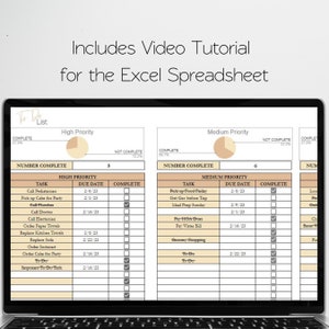 May include: A computer screen displaying a to-do list spreadsheet with two columns, one for high priority tasks and one for medium priority tasks. The spreadsheet includes a task name, due date, and a checkbox to mark the task as complete. The spreadsheet is color-coded with beige and brown.