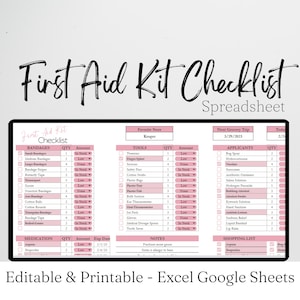 First Aid Kit Checklist, First Aid Checklist, First Aid Supply List, Emergency Checklist Disaster Preparation Excel Spreadsheet Google Sheet