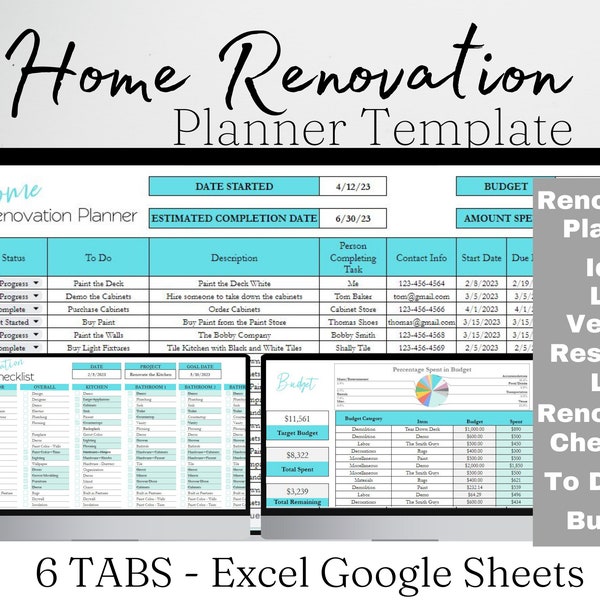 Home Remodel Planner, Remodeling Budget, Home Project Interior Design Google Sheets, Home Building, House Project Planning Excel Spreadsheet