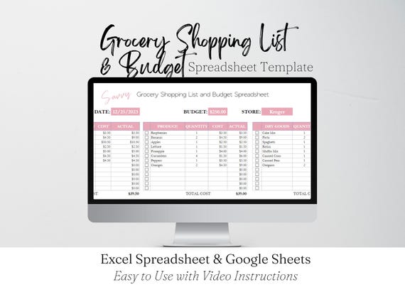 Grocery Budget Spreadsheet, Grocery Shopping List Template Groceries List Excel Grocery List Template, Grocery List Printable Planner Google