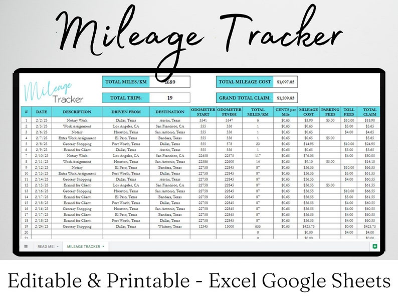 Mileage Log Excel, Mileage Calculator, Mileage Form, Mileage Tracker