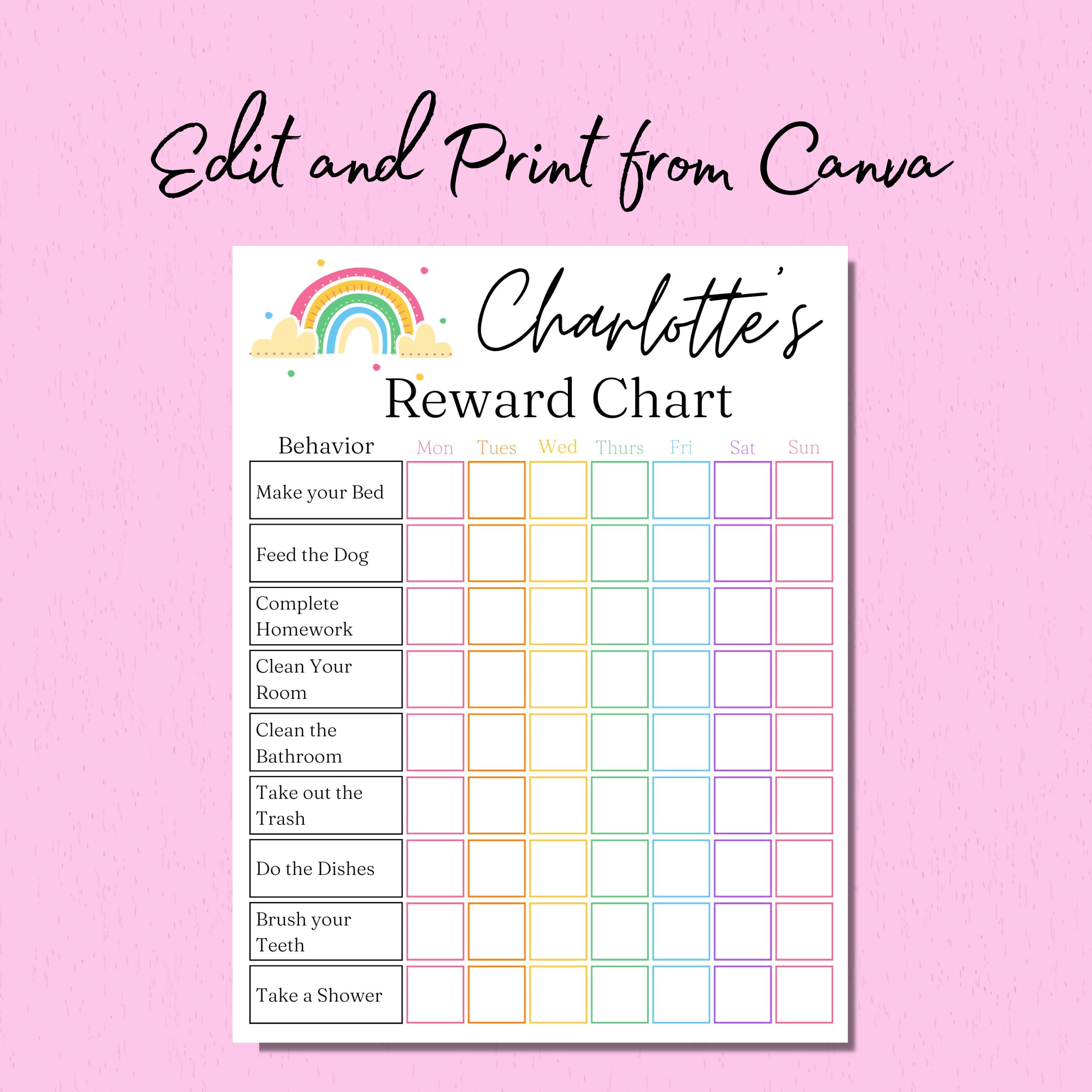 Reward Chart for Kids Printable, Editable in Canva, Sticker Chart Chore ...
