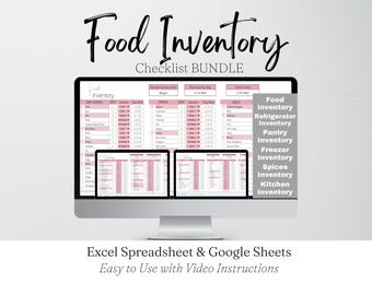 Food Inventory Template Bundle, Ultimate Food Tracker Spreadsheet List Refrigerator Supplies Checklist Kitchen, Spices Excel Google Sheets