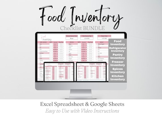 Food Inventory Template Bundle, Ultimate Food Tracker Spreadsheet List Refrigerator Supplies Checklist Kitchen, Spices Excel Google Sheets