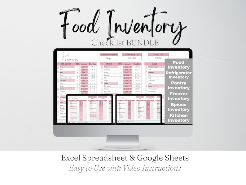 Food Inventory Template Bundle, Ultimate Food Tracker Spreadsheet List Refrigerator Supplies Checklist Kitchen, Spices Excel Google Sheets image 1