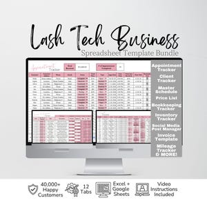 May include: A digital spreadsheet template bundle for lash technicians displayed on a computer monitor. The interface features pink and white tables for appointment tracking, client management, and business organization with clear text labels.