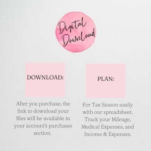 May include: Pink digital download graphic with the text "Digital Download" in a circle. Below the circle are two pink boxes with the text "DOWNLOAD:" and "PLAN:" in black. The text below the boxes describes the download process and the plan for the product.