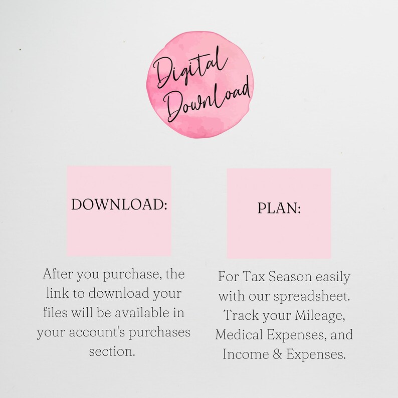 May include: Pink digital download graphic with the text "Digital Download" in a circle. Below the circle are two pink boxes with the text "DOWNLOAD:" and "PLAN:" in black. The text below the boxes describes the download process and the plan for the product.