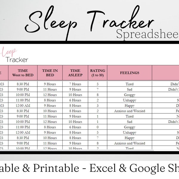 Sleep Tracker, Sleep Diary, Sleep Log, Mood Tracker, Baby Tracker, Monthly Sleep Tracker, Sleep Journal Excel Spreadsheet Google Sheets
