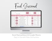 Daily Food Journal, Food Diary Template, Food Log, Digital Journal Fitness Nutrition Tracker Excel Spreadsheet, Eating Journal Google Sheets