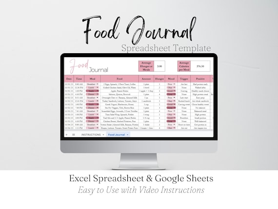 Daily Food Journal, Food Diary Template, Food Log, Digital Journal Fitness Nutrition Tracker Excel Spreadsheet, Eating Journal Google Sheets