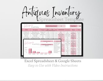 May include: A digital spreadsheet template for antique inventory management, displayed on a tablet. The screen shows a pink-themed inventory table with item details. Additional text includes "Antiques Inventory Spreadsheet Template" and "Excel Spreadsheet & Google Sheets Easy to Use with Video Instructions."