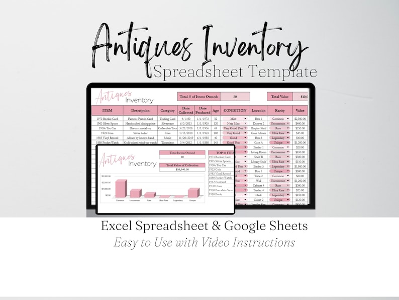 May include: A digital spreadsheet template for antique inventory management, displayed on a tablet. The screen shows a pink-themed inventory table with item details. Additional text includes "Antiques Inventory Spreadsheet Template" and "Excel Spreadsheet & Google Sheets Easy to Use with Video Instructions."