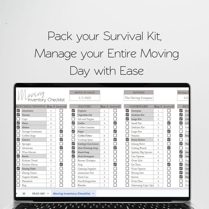 May include: A digital moving inventory checklist displayed on a laptop screen. The document features columns for kitchen, pantry, and cookware items with checkboxes, box numbers, and arrival status. Text reads: Pack your Survival Kit, Manage your Entire Moving Day with Ease.