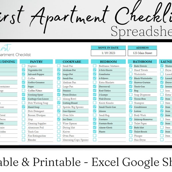 Erste Wohnung Essentials Checkliste, Neue Wohnung Checkliste, Neuer Wohnungsplaner, Wohnungsinventar Excel Spreadsheet Google Sheets