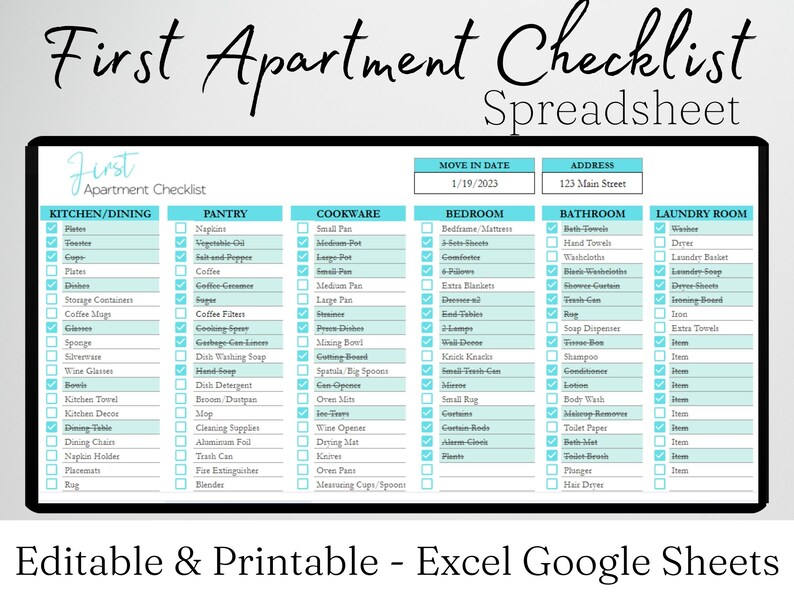 First Apartment Essentials Checklist, New Apartment Checklist, New