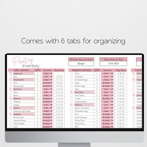 May include: A digital printable pantry inventory tracker with tabs for dry goods, baking goods, and canned goods. The tracker includes columns for quantity, amount, and expiration date. The favorite grocery store is listed as Kroger and the next grocery trip is scheduled for 3/24/2023.