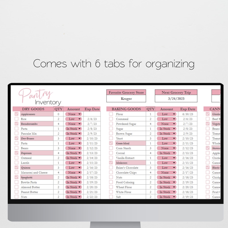 May include: A digital printable pantry inventory tracker with tabs for dry goods, baking goods, and canned goods. The tracker includes columns for quantity, amount, and expiration date. The favorite grocery store is listed as Kroger and the next grocery trip is scheduled for 3/24/2023.