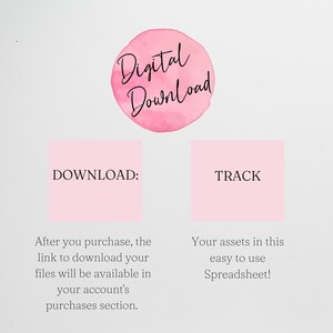 May include: Pink graphic with the text "Digital Download" in black. Below the graphic are two pink boxes with the text "DOWNLOAD:" and "TRACK". The text below the boxes explains how to download and track digital purchases.