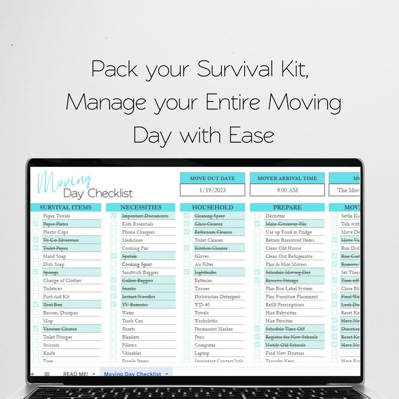 May include: A digital moving day checklist displayed on a laptop screen with the text Pack your Survival Kit, Manage your Entire Moving Day with Ease. The document features columns for survival items, necessities, household, and preparation tasks.