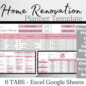 Home Renovation Planner Excel Spreadsheet, Home Improvement, Home Remodel Planner Budget, Home Project Planner Interior Design Google Sheets