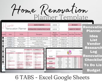 Home Renovation Planner Excel Spreadsheet, Home Improvement, Home Remodel Planner Budget, Home Project Planner Interior Design Google Sheets