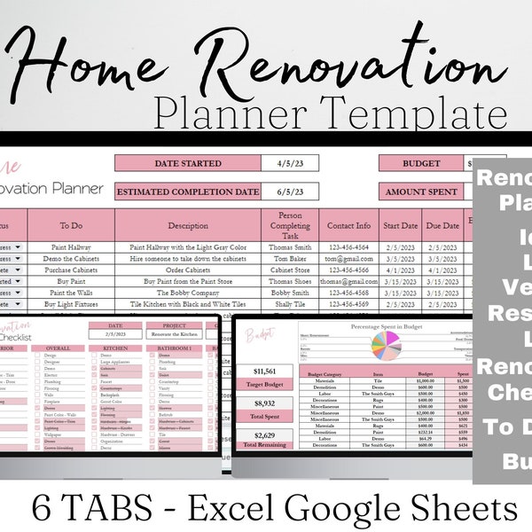 Foglio di calcolo Excel del pianificatore di ristrutturazione della casa, miglioramento della casa, budget del pianificatore di ristrutturazione della casa, pianificatore di progetti per la casa, design degli interni, fogli Google