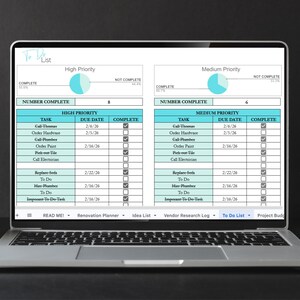 May include: A laptop screen displaying a digital To Do List renovation planner. The interface features two sections for High Priority and Medium Priority tasks, each with a pie chart, completion count, and a table listing tasks, due dates, and checkboxes.