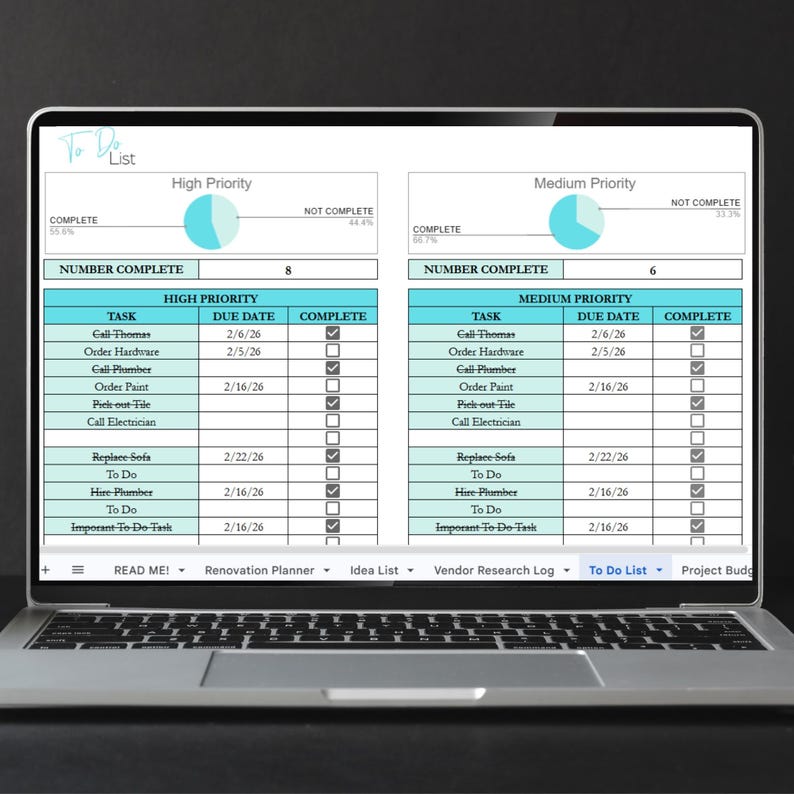 May include: A laptop screen displaying a digital To Do List renovation planner. The interface features two sections for High Priority and Medium Priority tasks, each with a pie chart, completion count, and a table listing tasks, due dates, and checkboxes.