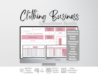 May include: A computer monitor displays a Clothing Business Spreadsheet Bundle with pink and white data tables, charts, and text including Number of Orders, Total Revenue, and Net Profit. A gray sidebar lists Income & Expenses, Order Form, Inventory Tracker, Price List, Order Tracker, and Profit Margin. Icons below indicate 40,000+ Happy Customers, 9 Tabs, Excel + Google Sheets compatibility, and Video Instructions.