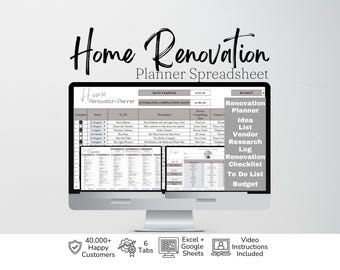 Home Renovation Checklist, Home Renovation Spreadsheet, Remodel Checklist, Kitchen Remodel, Bathroom Remodel, Interior Design Excel Google