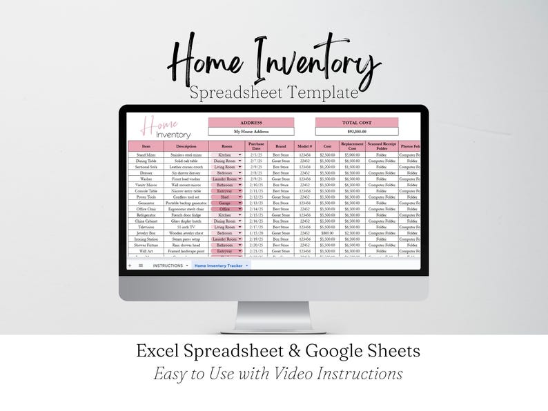 Home Inventory Template, Home Inventory Checklist, Home Inventory Spreadsheet Home Inventory tracker Personal Property Valuables Spreadsheet image 1
