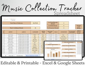 Music Collection Tracker Excel Spreadsheet, Music Tracker Google Sheets, Vinyl Collection, Record Collection, CD Collection, Digital Library