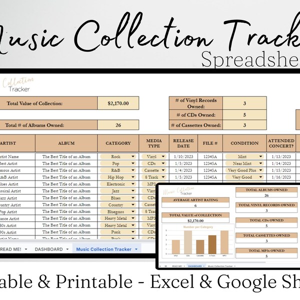 Music Collection Tracker Excel Spreadsheet, Music Tracker Google Sheets, Vinyl Collection, Record Collection, CD Collection, Digital Library