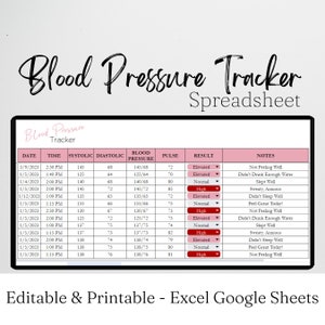 Blood Pressure Tracker Excel Spreadsheet, Blood Pressure Log Google Sheets, Hypertension Tracker, Medical Tracker, Vitals Tracker Heart Rate