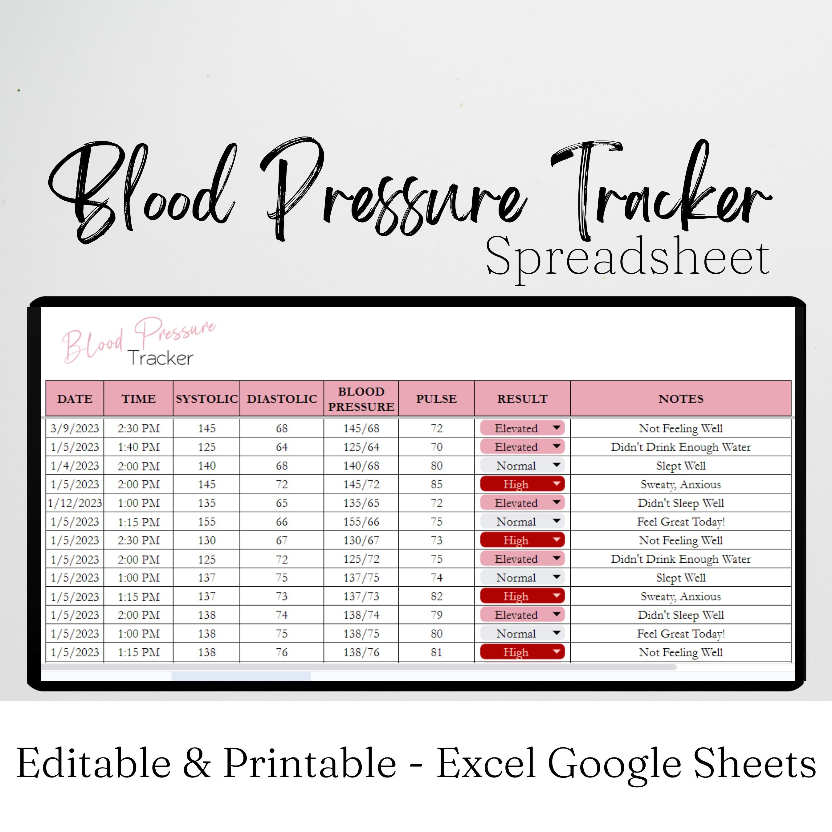 Blood Pressure Tracker Excel Spreadsheet, Blood Pressure Log Google ...