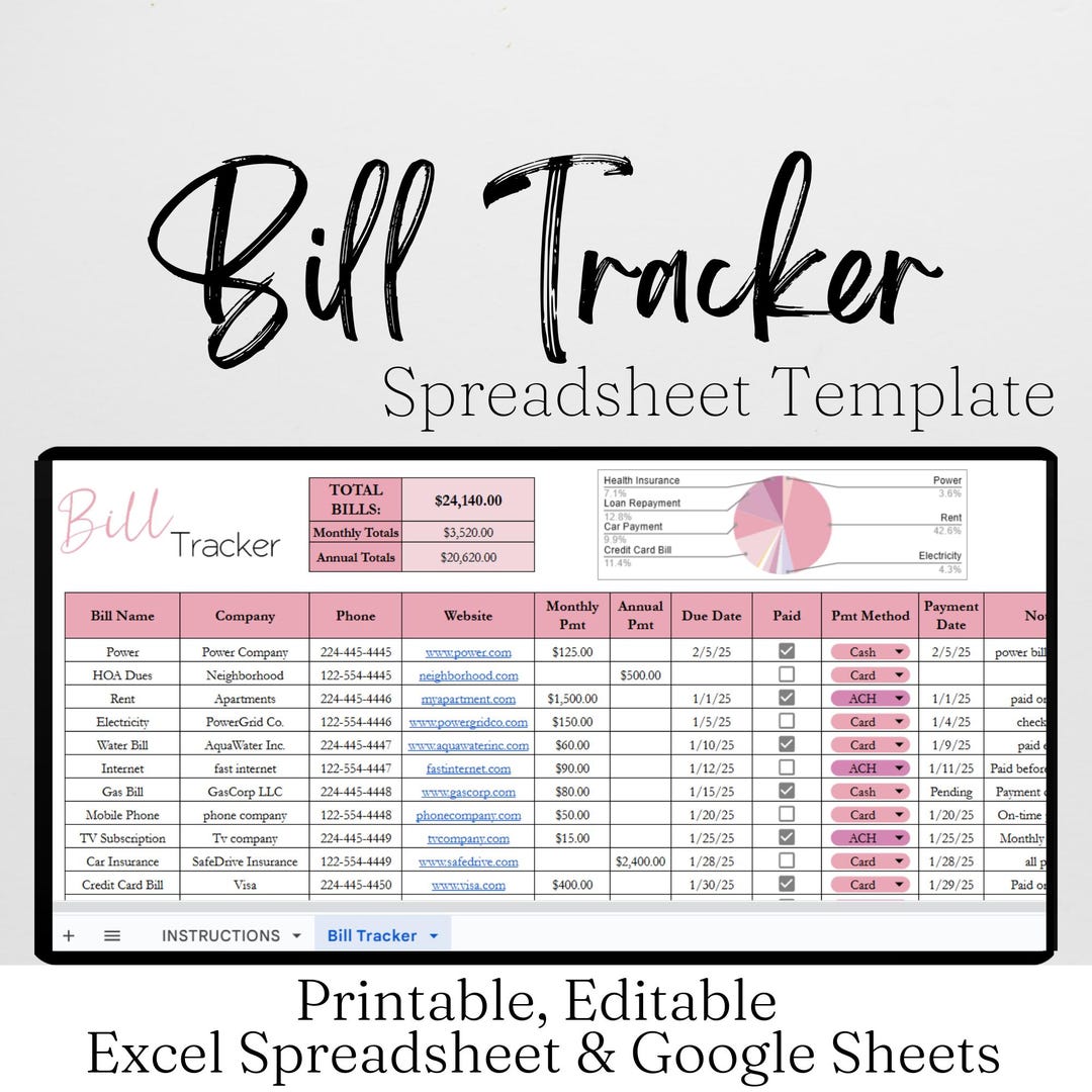 Bill Tracker Excel Spreadsheet, Monthly Bill Tracker Google Sheets ...