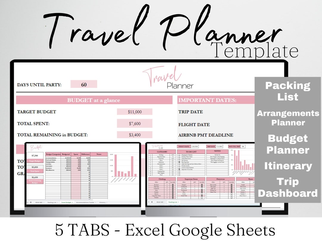 Travel Planner Template Excel Travel Itinerary Google Doc Digital Travel Planner Template Excel Travel Itinerary Google Doc Digital