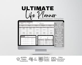 Daily Planner Excel Spreadsheet, Editable Template, Ultimate Life Planner Digital Template Google Sheets, Digital Life Planner, Life Balance