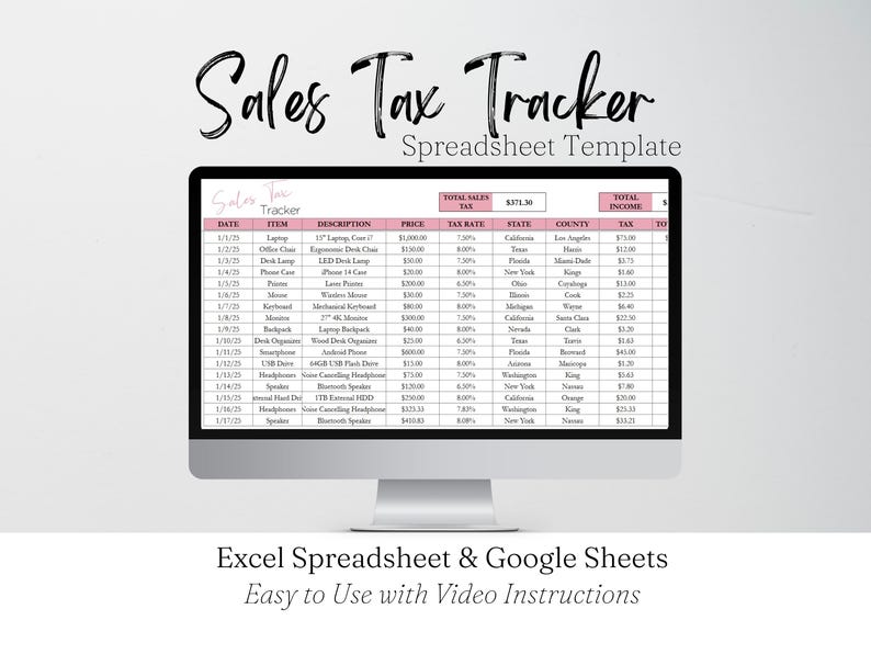 Sales Tax Tracker Spreadsheet Template, Sales Log Small Business Tax Excel Template, Accounting Template, Tax Spreadsheet Taxes Google Sheet image 1