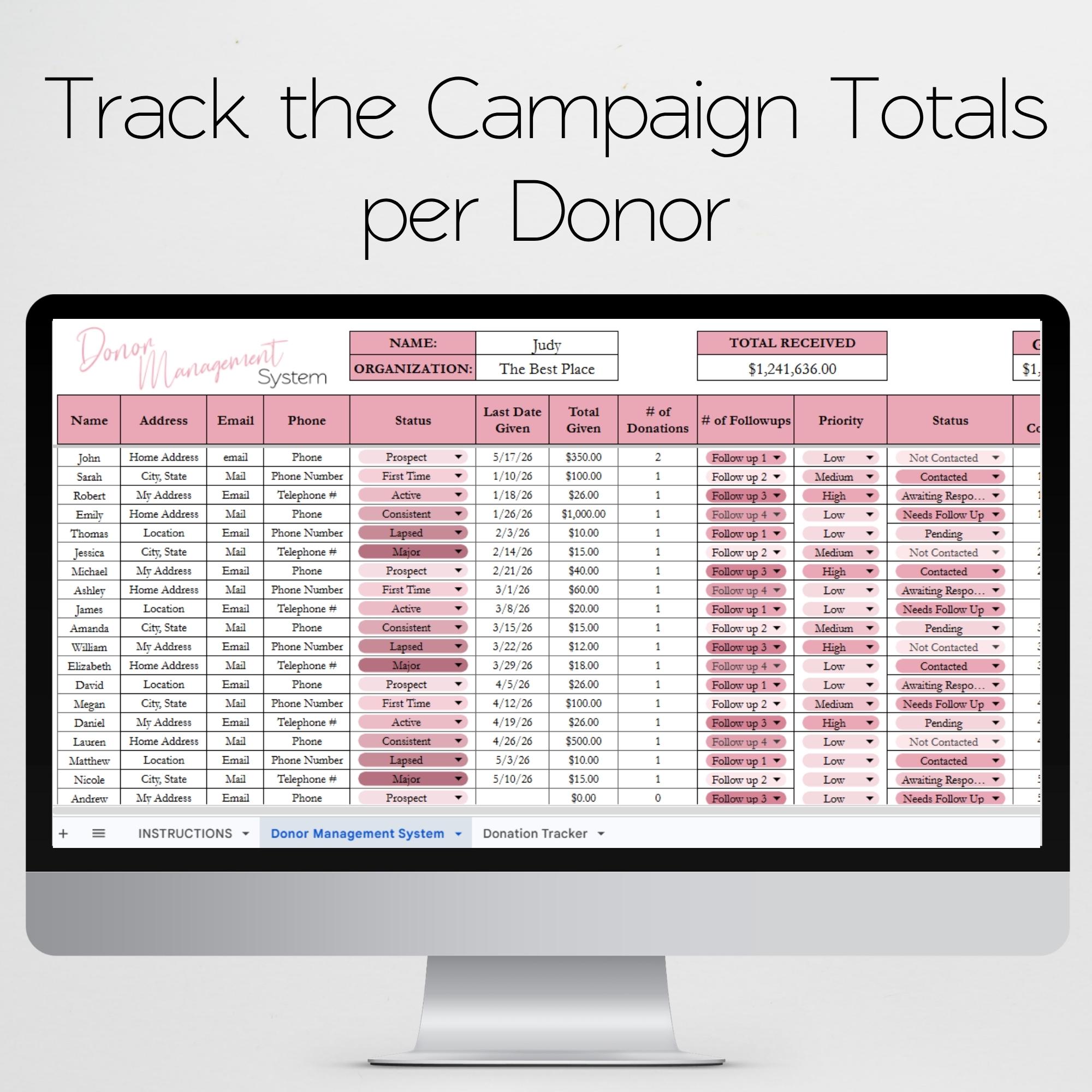 Donor Management System Spreadsheet Template, Nonprofit Fundraising ...