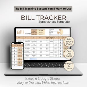 May include: A laptop and smartphone displaying a bill tracker spreadsheet template. The text on the screen reads "BILL TRACKER Spreadsheet Template." Additional text includes "Bills in One Place," "See Due Dates," and "Simple & Clean."