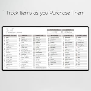May include: A printable checklist for apartment move-in, with sections for kitchen, dining, pantry, cookware, bedroom, bathroom, and laundry room. The checklist includes items such as plates, towels, coffee filters, pots, pans, bedding, toiletries, and laundry supplies. The checklist is dated 1/19/2023 and the address is 123 Main Street.