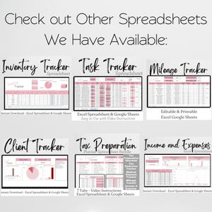 May include: A digital display showing six spreadsheet templates titled Inventory Tracker, Task Tracker, Mileage Tracker, Client Tracker, Tax Preparation Planner Spreadsheet Bundle, and Income and Expenses, all featuring pink accents and data tables.