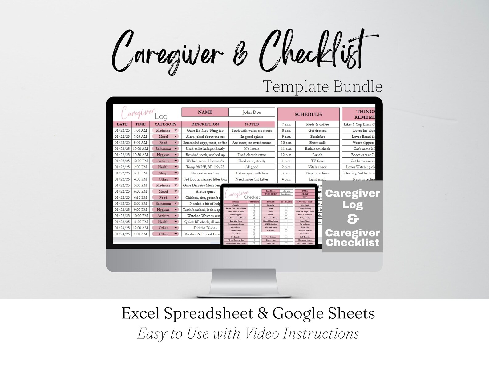 Caregiver Log Template, Caregiver Checklist, Medication Log, Elder Care