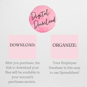 Pode incluir: Gr&aacute;fico de download digital com um c&iacute;rculo rosa em aquarela que diz "Digital Download". Abaixo est&atilde;o dois ret&acirc;ngulos rosa com as palavras "DOWNLOAD:" e "ORGANIZE:" e texto sobre como baixar e organizar um banco de dados de funcion&aacute;rios.