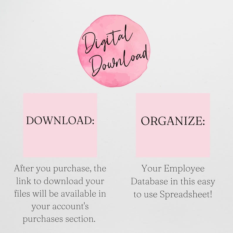Pode incluir: Gr&aacute;fico de download digital com um c&iacute;rculo rosa em aquarela que diz "Digital Download". Abaixo est&atilde;o dois ret&acirc;ngulos rosa com as palavras "DOWNLOAD:" e "ORGANIZE:" e texto sobre como baixar e organizar um banco de dados de funcion&aacute;rios.