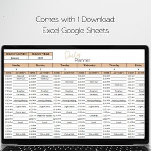 May include: A daily planner template on a laptop screen. The planner is divided into seven columns for each day of the week, with rows for time and activity. The planner is for the month of January 2023.